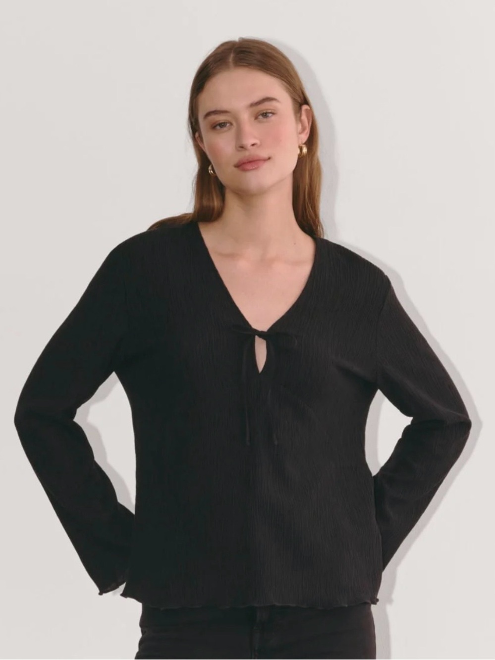 Everlane Black Long-Sleeve V-Neck Tie Blouse